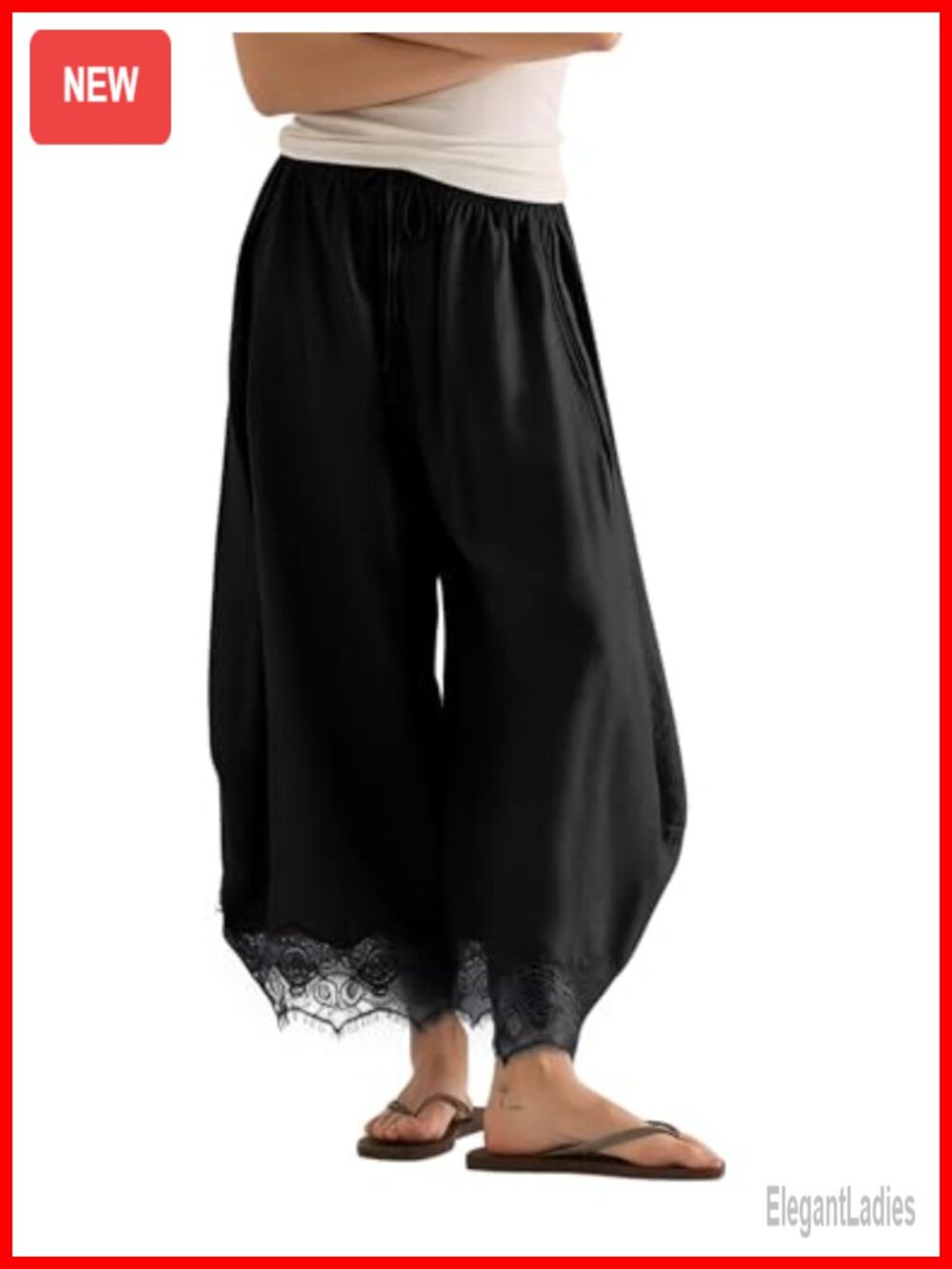 Cropped Lace Hem Drawstring Wide Leg Pants with Pockets